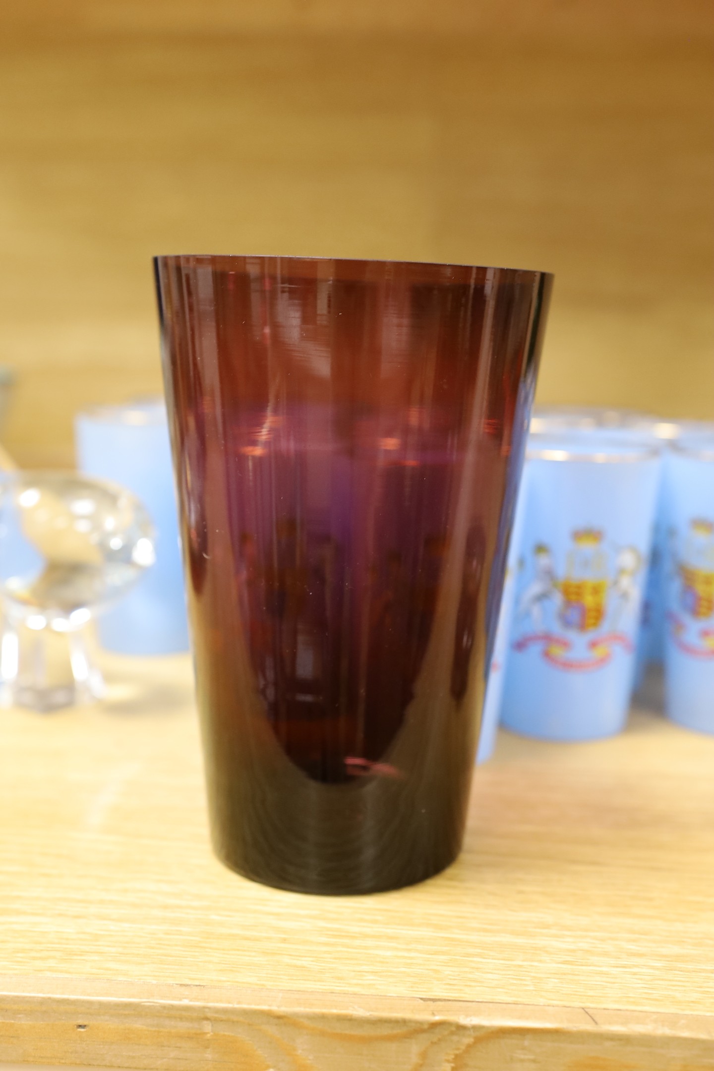 An assortment of twenty-four Coronation glasses in celebration of Queen Elizabeth II, together with other glassware and items to include a Baccarat model of a bird